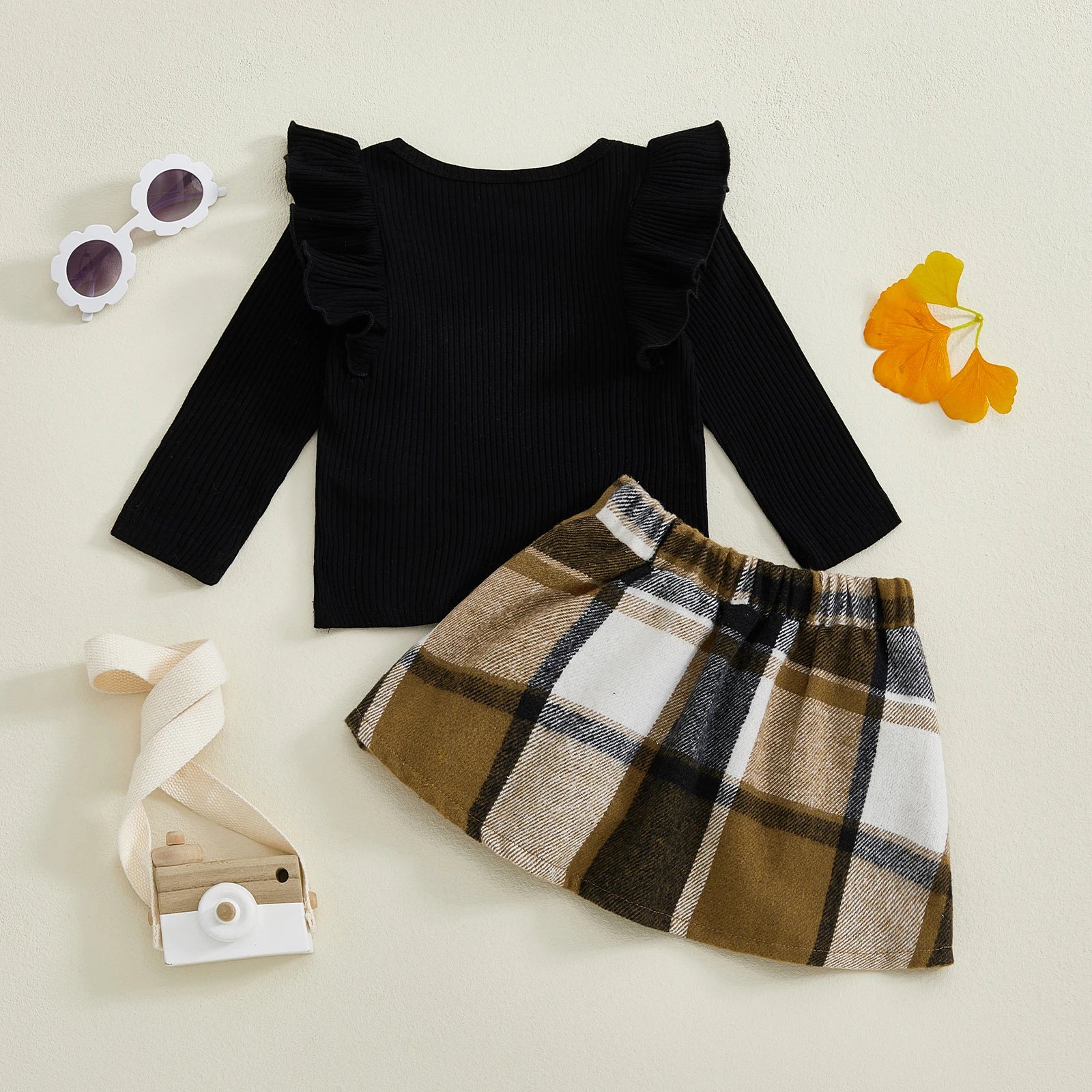 Lioraitiin Toddler Girls Autumn 2PCS Skirt Outfits Flying Sleeve Solid Color Tops A-line Plaid Skirt Set