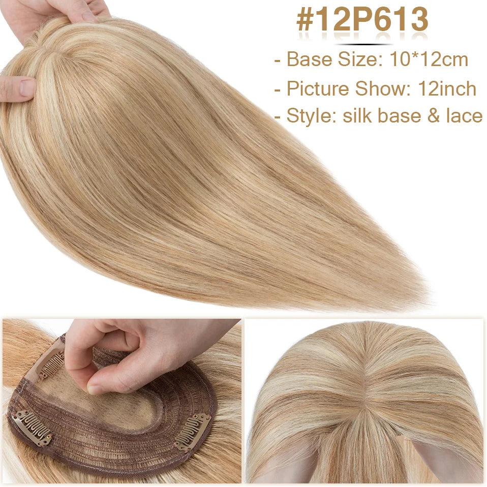 S-noilite Natural Hair Topper Wig for Women 10x12cm with Silk Base 3.5x9cm Human Hair Piece with Bangs Hair Clip Included