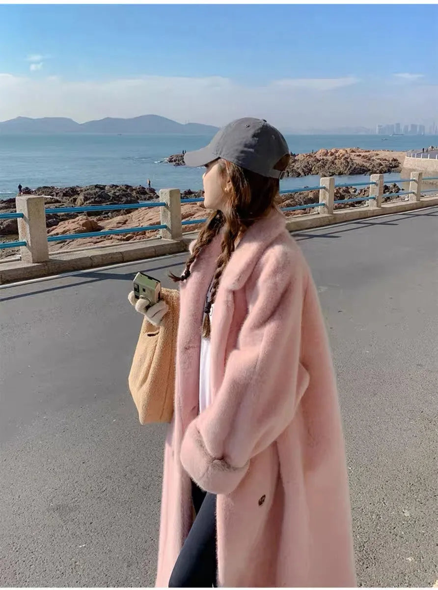 Women Winter Warm Thicken Long Fur Coat 2025 New Women Imitation Rabbit Fur Temperament Fur Coat Double-Breasted Fur Jacket
