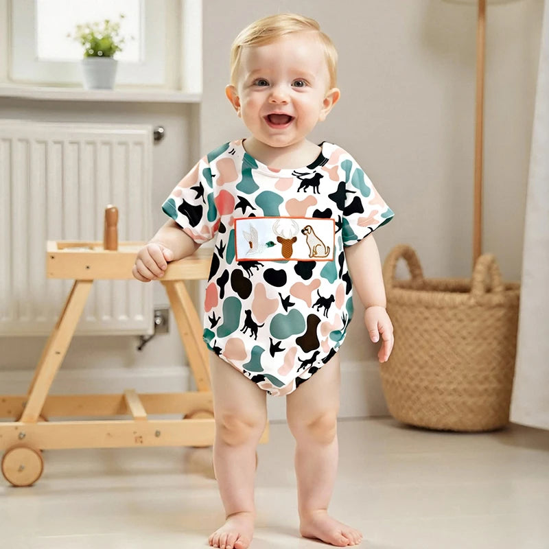 Lioraitiin Newborn Baby Boys Summer Jumpsuit Casual Dog Camouflage Print Embroidery Short Sleeve Romper Cute Clothes