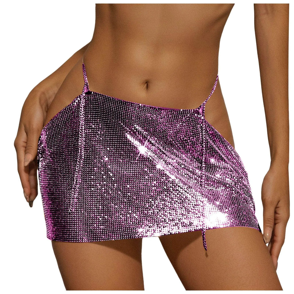 Women Sparkly Sequins Mini Skirt Low Waist Metal Chains Waistband Glitter Skirts Sexy Miniskirt Nightclub Rave Party Clubwear