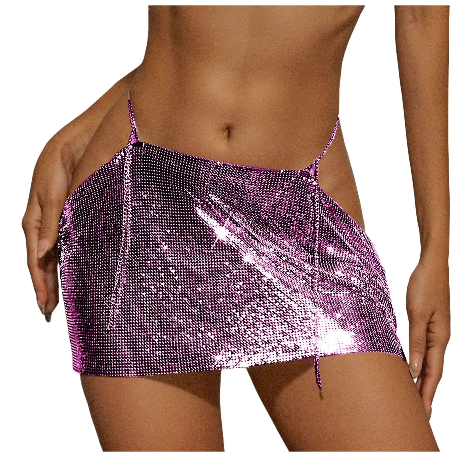 Women Sparkly Sequins Mini Skirt Low Waist Metal Chains Waistband Glitter Skirts Sexy Miniskirt Nightclub Rave Party Clubwear