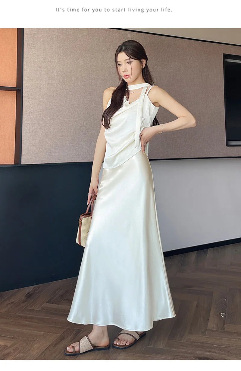 Zoki Chic Satin Elegant Long Skirt Women Casual Fashion High Waist Sweet Trumpet Skirts Slim Summer Female Korean Long Skirts