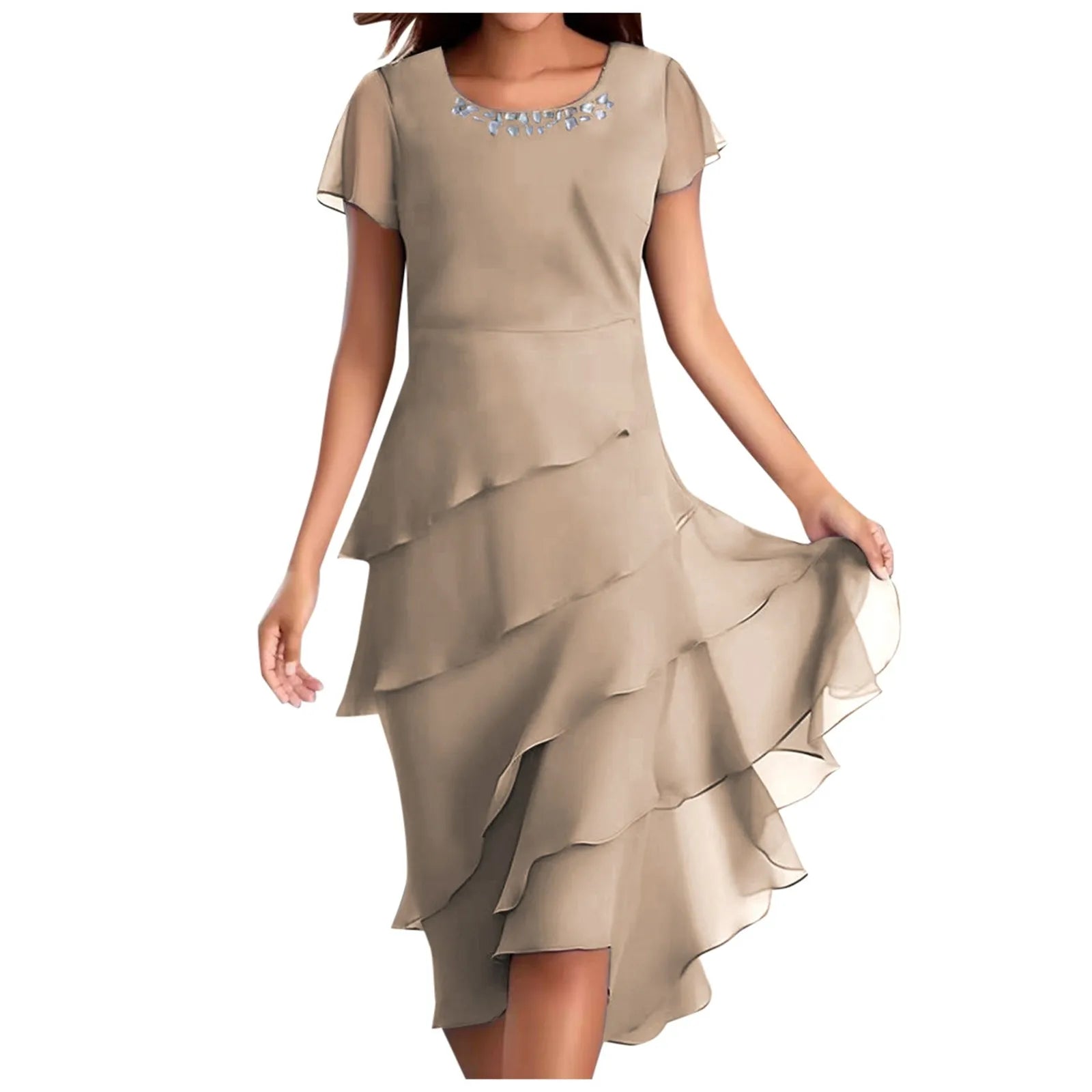 sexy chiffon puff short sleeve u neck midi dress elegant tierred layered slim fit summer dress stylish cocktail party dress