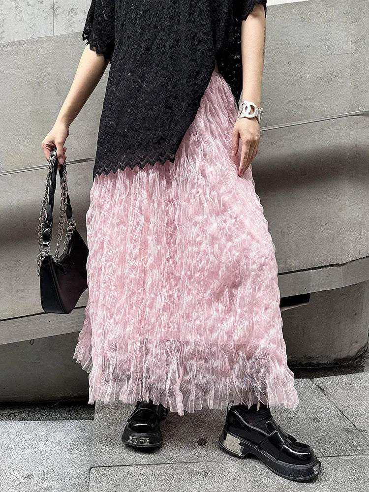 [EAM] High Elastic Waist Black Pleated Mesh Casual A-line Half-body Skirt Women Fashion Tide New Spring Autumn 2026  1DH5148