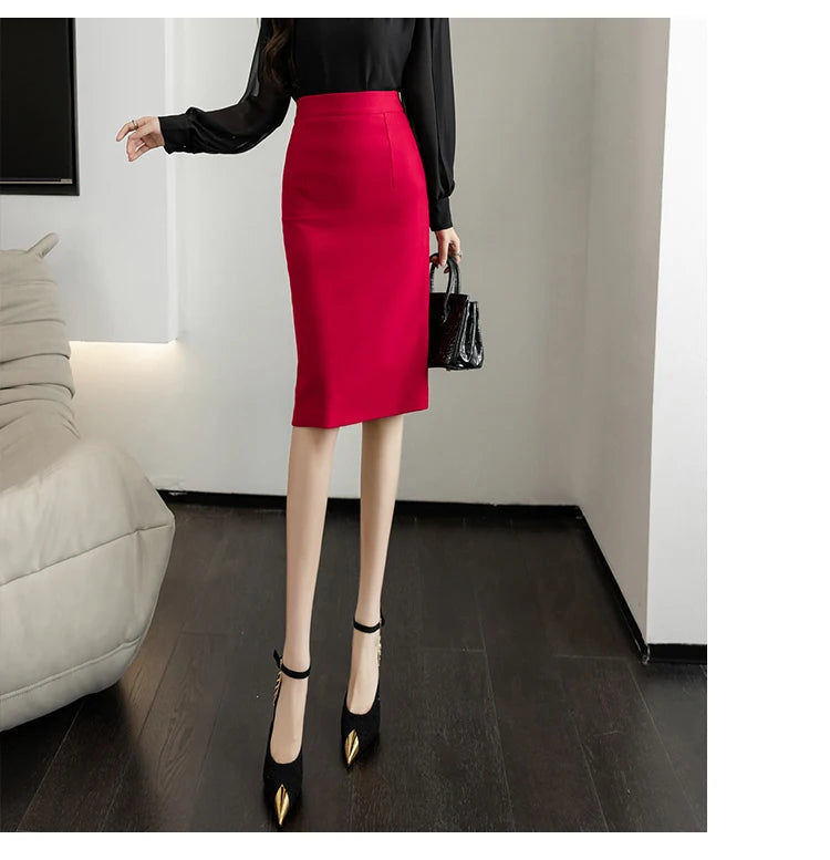 Fahsion Summer Office Black Skirts Women 2024 Elegant High Waist Gray Red Bodycon Skirt Sexy High Waist Midi Mujer Faldas S-2XL