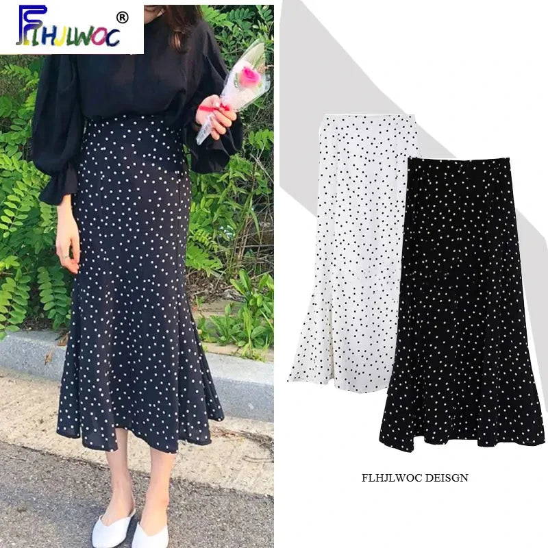 2024 Summer Skirt Long Hot Sales Women Black White Dot Preppy Style Girls Korean Design High Waist Black Skirt 3024