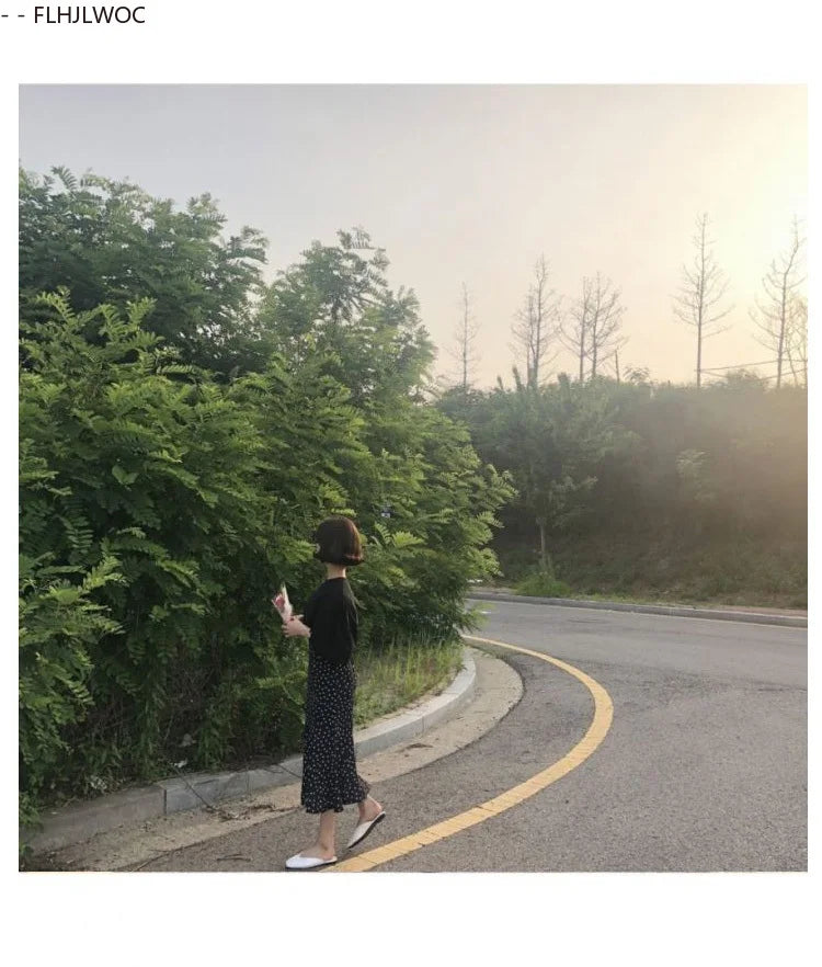2024 Summer Skirt Long Hot Sales Women Black White Dot Preppy Style Girls Korean Design High Waist Black Skirt 3024
