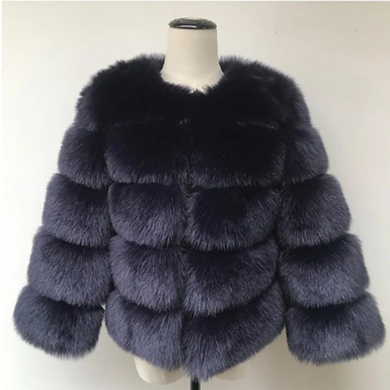 Women Faux Fox Fur Coats Zipper Short Coat Jackets Elegant Thick Warm Solid Jacket Lady Furry Outerwear Elegant Splice Winter