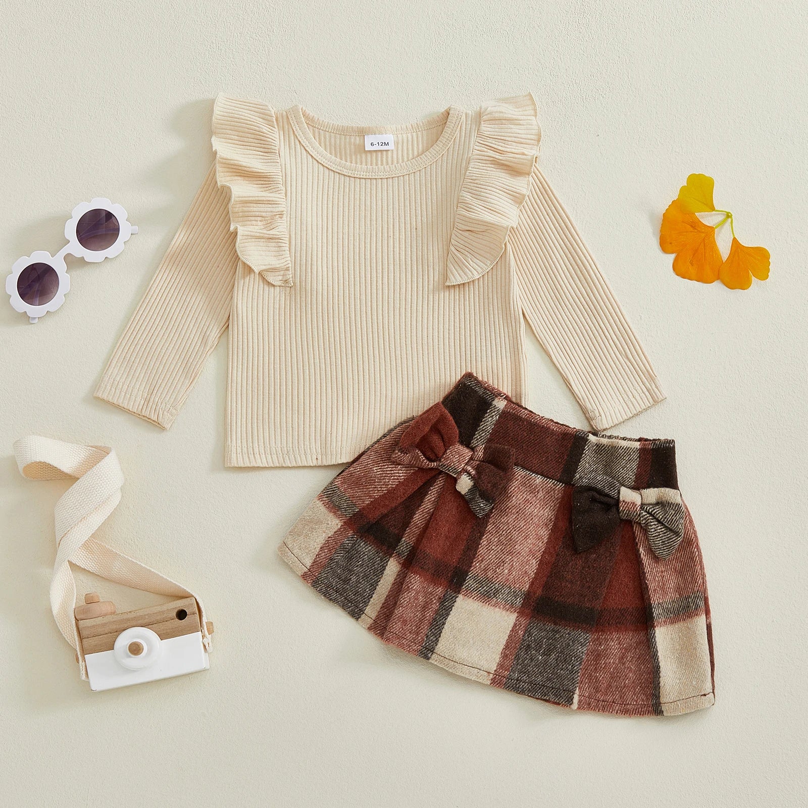 Lioraitiin Toddler Girls Autumn 2PCS Skirt Outfits Flying Sleeve Solid Color Tops A-line Plaid Skirt Set
