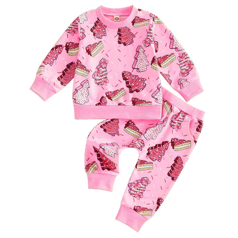 Toddler Baby Girl 2Pcs Christmas Outfits Long Sleeve Cake Print Sweatshirt + Pants Set Clothes