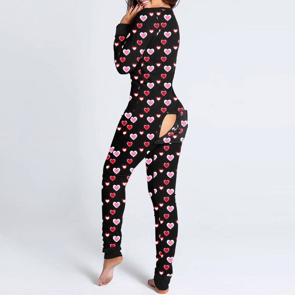 Sexy Women Pajamas Onesies Button-down Buttoned Flap Adults Pyjama Autumn Long Sleeve V-neck Jumpsuit Female Bodysuit Sleepwear