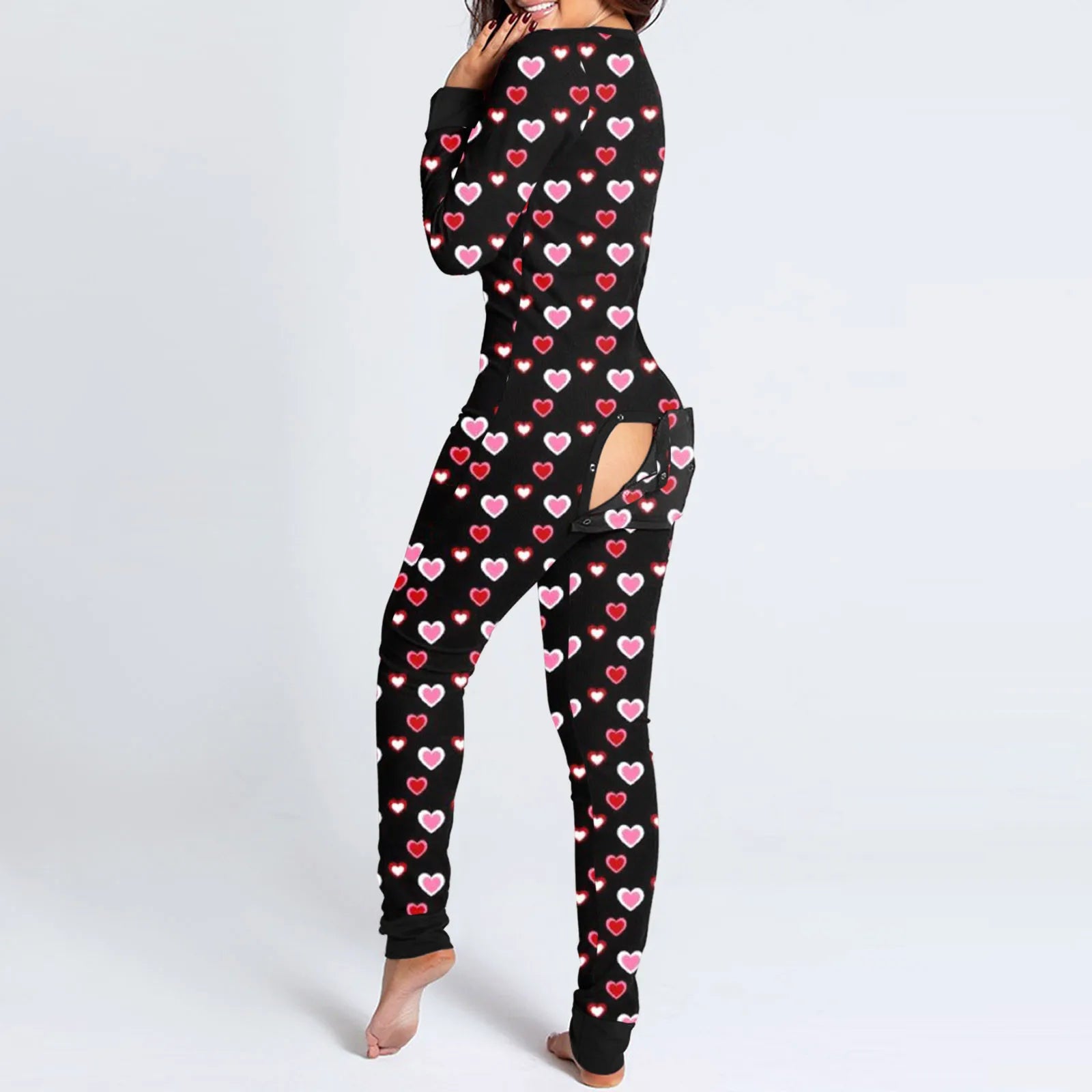Sexy Women Pajamas Onesies Button-down Buttoned Flap Adults Pyjama Autumn Long Sleeve V-neck Jumpsuit Female Bodysuit Sleepwear
