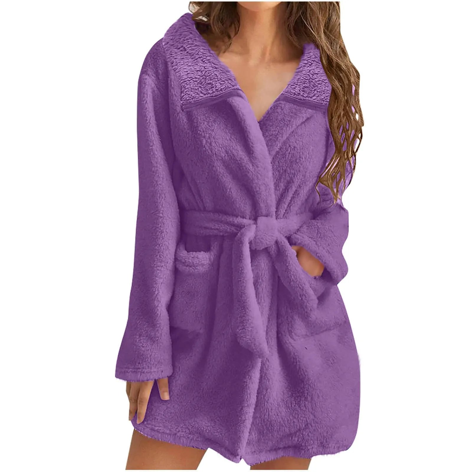 Women Warm Plush Hooded Bathrobe Wainter Plush Lapel Robe With Pockets Female Pajamas Robe Long Home Clothes Lingeries For Woman