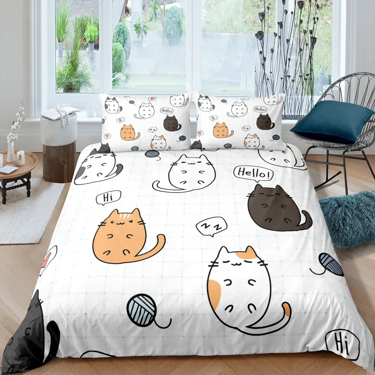 Cute Pink Pet Cats Cartoon Kitten Print Duvet Cover Pillowcase Polyester Quilt Cover for Children Women Bedroom Decoration King