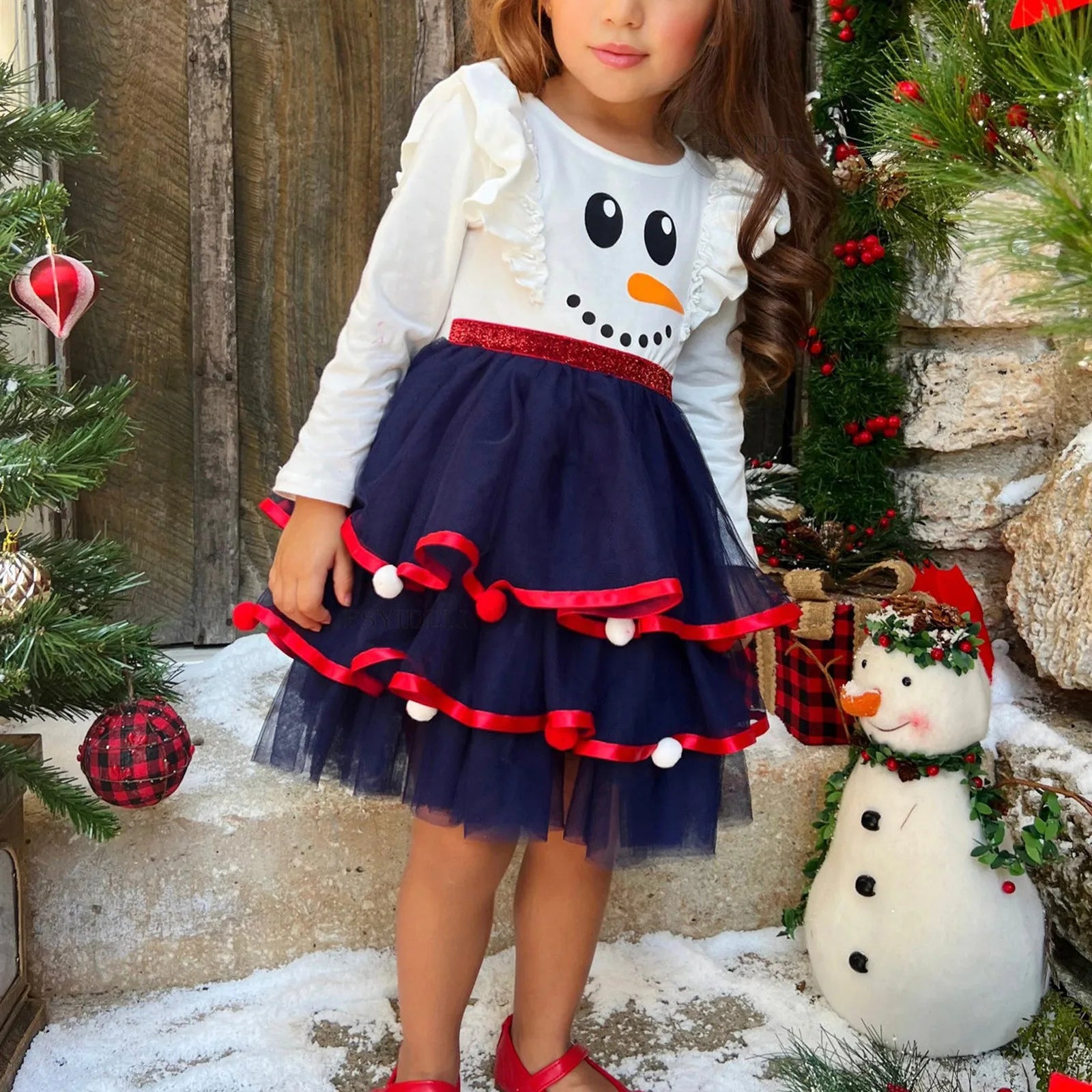 Little Girls Easter Dress Kids Children Girls Dress Christmas Long Sleeve Cartoon Snowman Tree Prints Dress Little Girls Size 4t