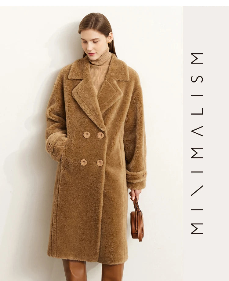 Amii Fur Coat 2025 Winter New Warm Office Lady Turn-Down Collar Full Wool Outerwears Straight Double-breasted Coat 12554013