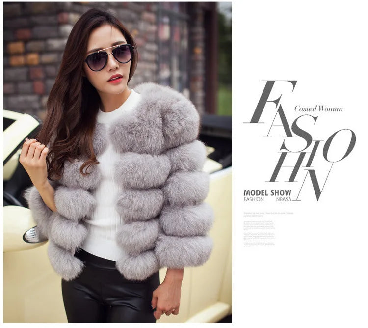 Women Faux Fox Fur Coats Zipper Short Coat Jackets Elegant Thick Warm Solid Jacket Lady Furry Outerwear Elegant Splice Winter
