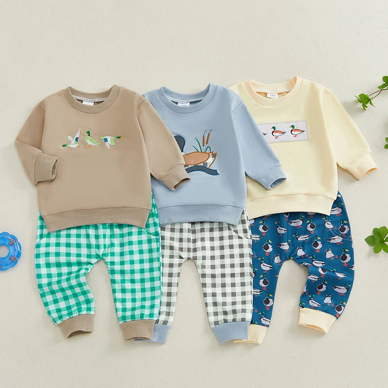 2024-09-13 Lioraitiin Toddler Baby Boy Girl Duck Clothes Long Sleeve Sweatshirt Plaid Elastic Waist Long Pants Outfit