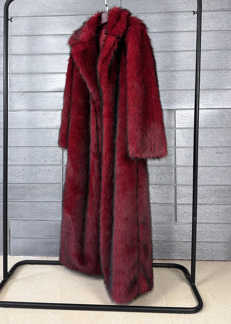 DEAT 2025 winter new fashion high quality Fox Faux Fur long Coat for Women Suit Collar solid color thick warm jacket 11A06914