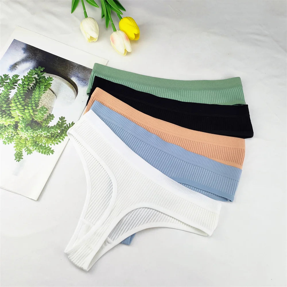 3Pcs/Set Women Thong G String Soft Ribbed Cotton Brazilian Panties Solid Color Low Rise Underwear Female Intimates Lingerie