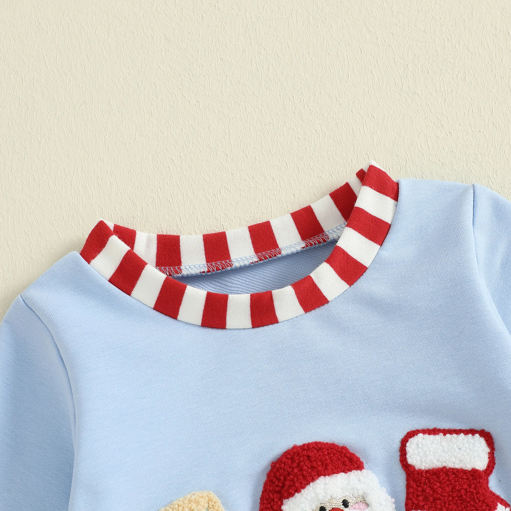 Lioraitiin Newborn Baby Boys Christmas Romper Santa Embroidery Striped Crew Neck Long Sleeve Full Length Jumpsuit