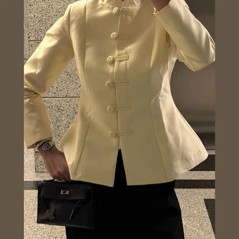 Vintage Stand Collar Velvet Frog Button Blazer Women Solid Long Sleeve Slim Cropped Jackets 2026 Spring Lady Fashion Outwear New