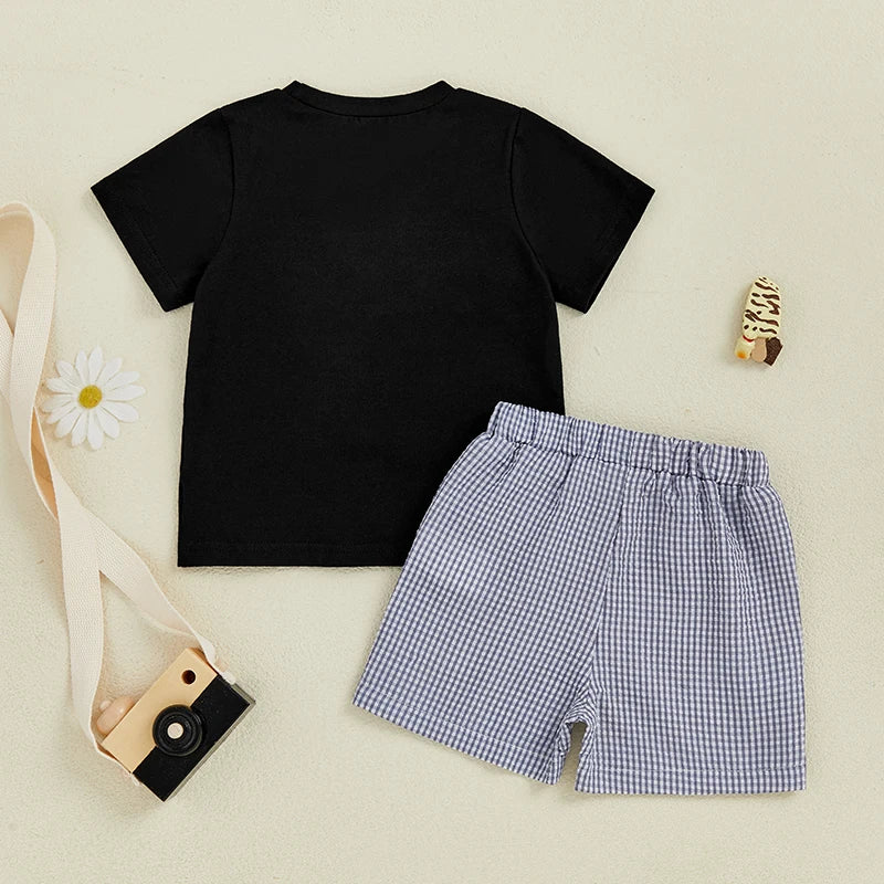 Cute 2 Piece Summer Outfits with Graduation Cap Embroidery Short Sleeve T-Shirt and Plaid Shorts Set for Baby Girl or Boy