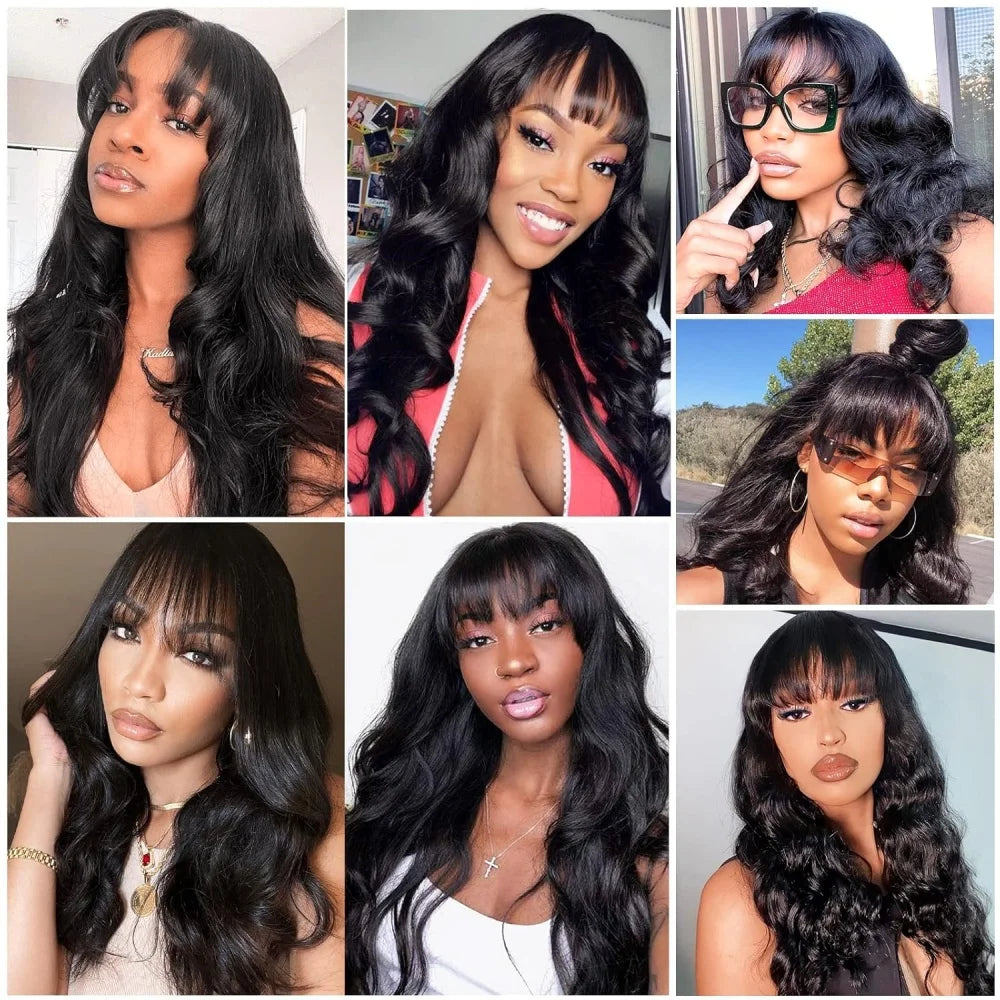 Body Wave Human Hair Wig with Bangs Middle Part 3x1 Lace Frontal Wig with Bangs Brazilian Human Hair Body Wave 34 Inch for Women