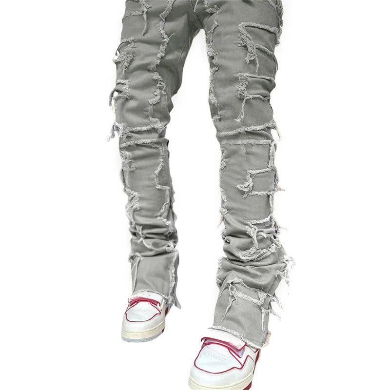 Men Skinny Pants Vintage Patch Frayed Denim Pants Spring Fall Casual Leggings Trousers with Pockets