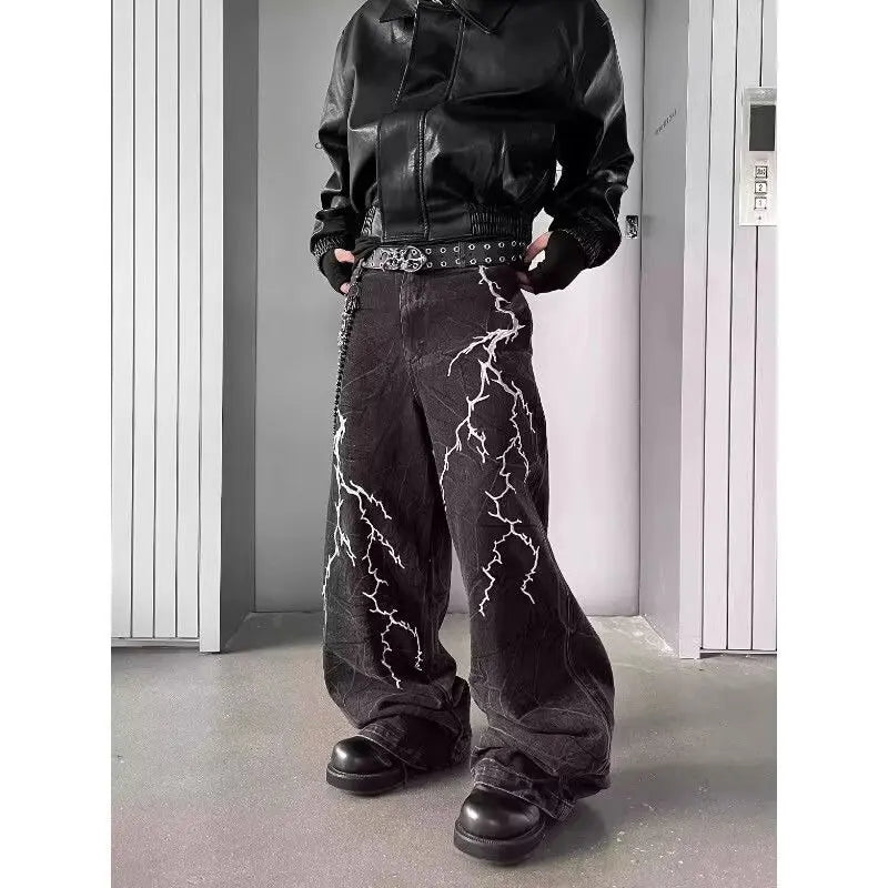 American High Street Y2K Style Thorn Lightning Embroidery Wide-Leg Jeans for Men, Niche Hip-Hop Loose Straight-Leg Flared Pants