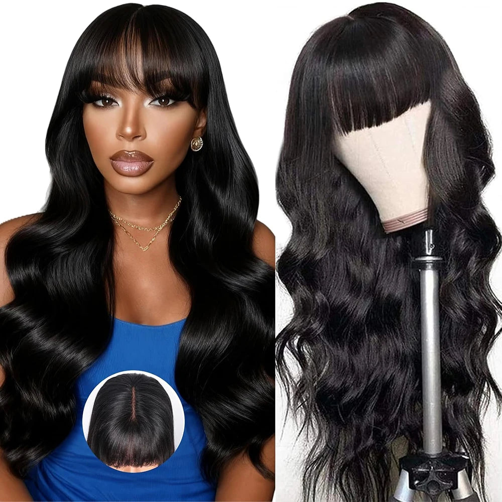 Body Wave Human Hair Wig with Bangs Middle Part 3x1 Lace Frontal Wig with Bangs Brazilian Human Hair Body Wave 34 Inch for Women