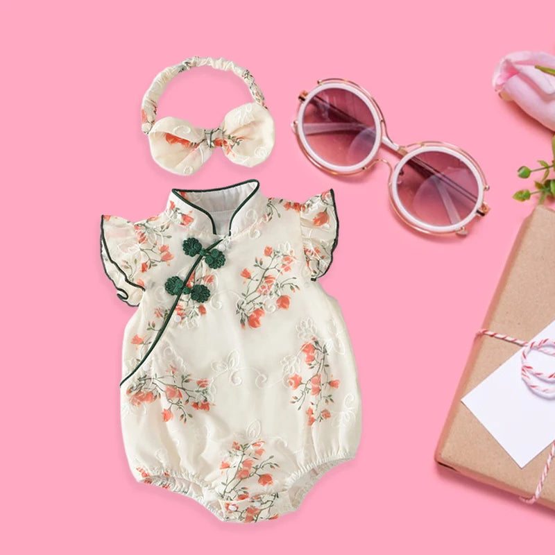 Toddler Girls Traditional Chinese Dress Set with Embroidered Floral Romper Matching Headband and Stylish Summer Outfit for a