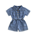 Toddler Girls Denim Overalls Shorts Short Sleeves Turn Down Collar Button Down Elastic Waist Jean Jumpsuit