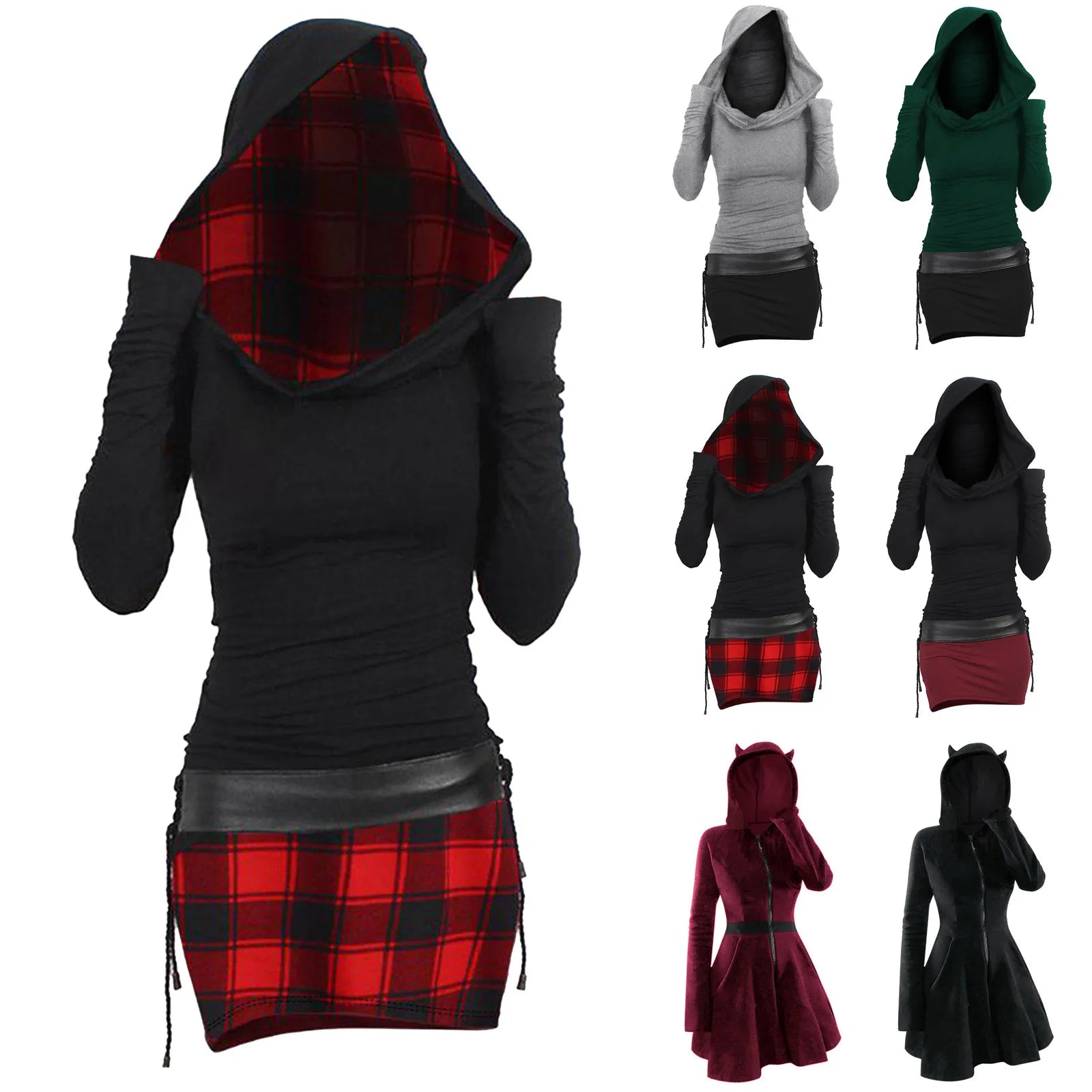 Y2k Gothic Zip Up Hooded Dress For Women Vintage Punk Long Sleeve Cat Ear Robe Harajuku Retro A Line Party Dresses Vestidos