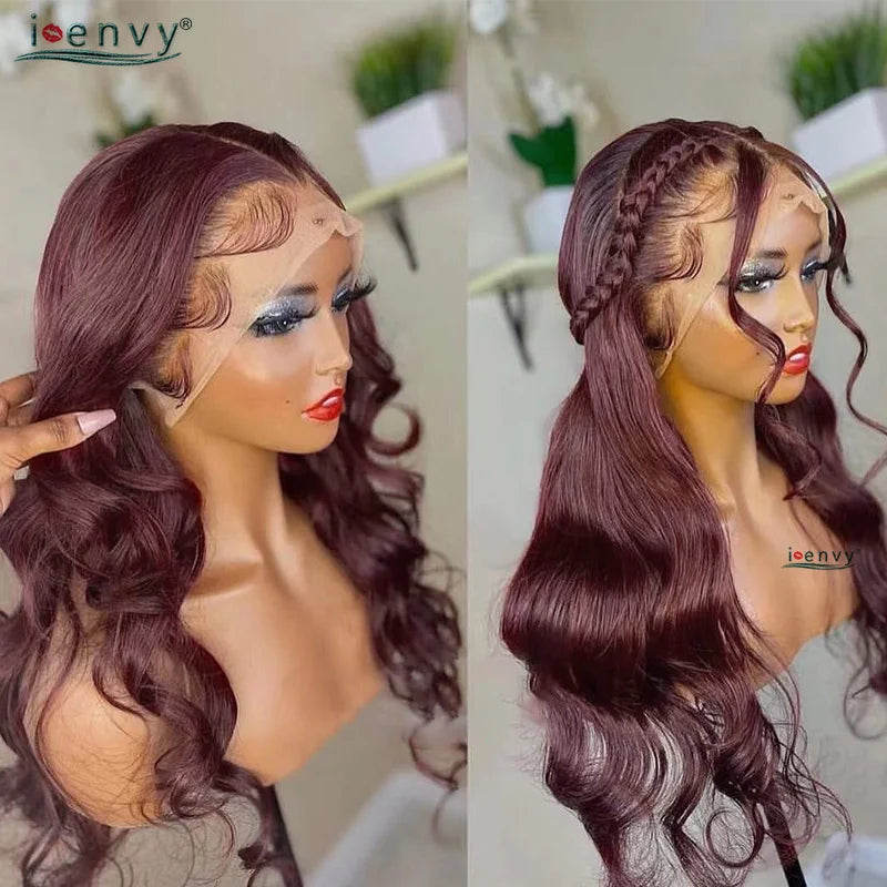 13X4 HD Transparent Lace Front Wigs Burgundy Red Human Hair Wigs PrePlucked 13X6 32Inch Body Wave Lace Front Wig For Women Curly