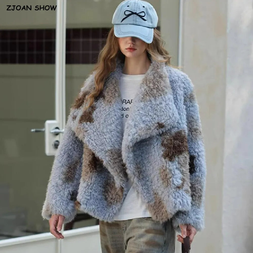HIGH QUALITY Winter Large Lapel Curly Lamb Fur Coat Long sleeve Warm Shaggy Tie dye Gradient Faux Fur Jacket Loose Outerwear