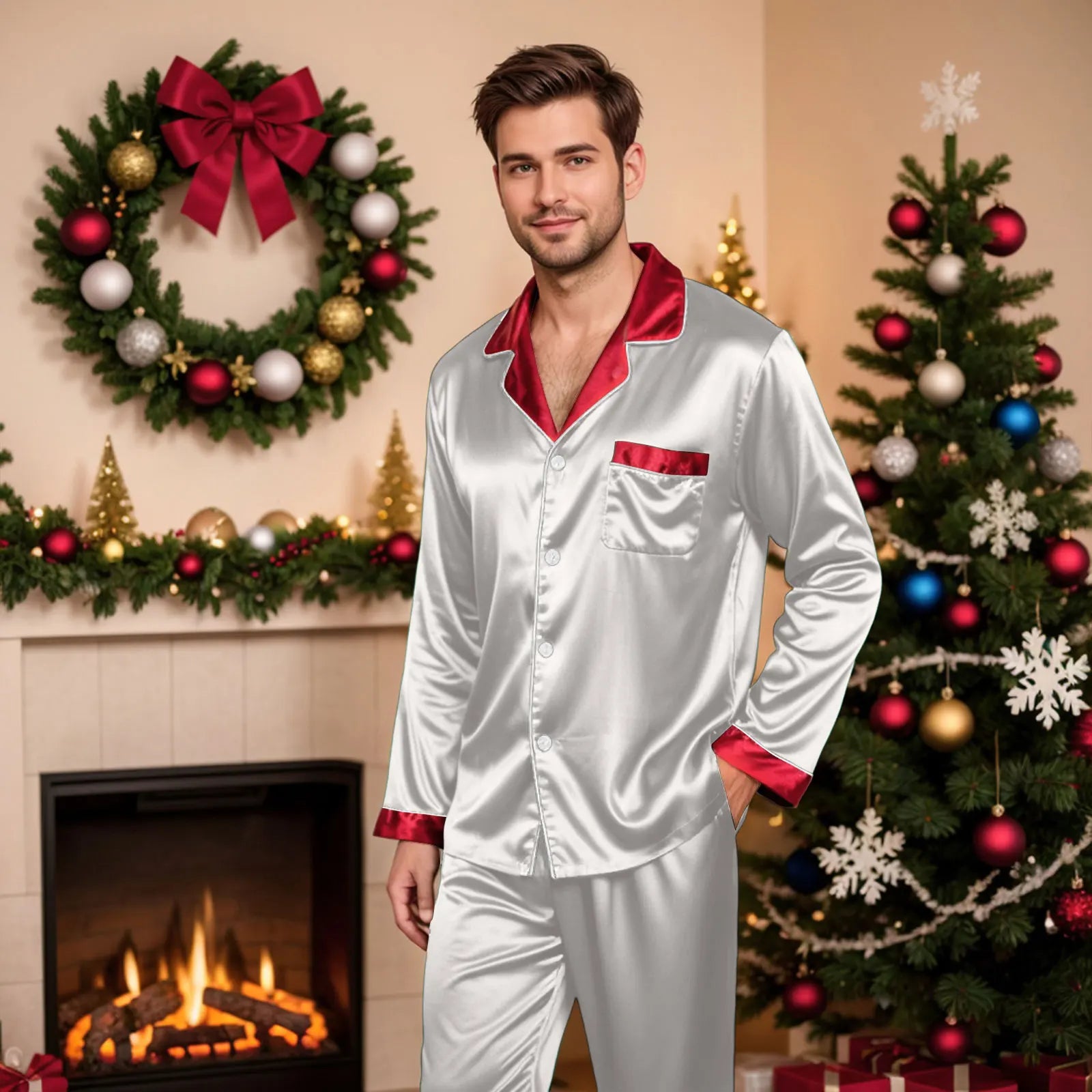 Silk Satin Christmas Family Pajamas Matching Sets Plus Size Lapel Long Sleeve Shirts And Pants Soft Silk Sleepwear Mom Dad Xmas