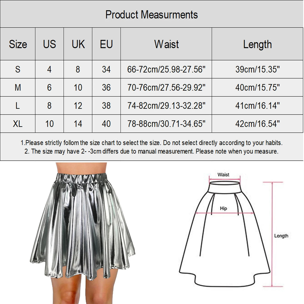 Women Sparkly Shiny Metallic Skater Skirt Carnival Party Rave Outfit A Line Pleated Skirts Elastic High Waist Nightclub Faldas