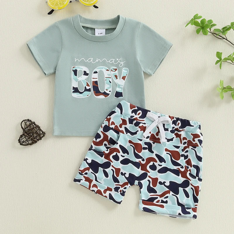 2025-01-13 Lioraitiin Toddler Boys Summer Shorts Sets Short Sleeve O Neck Letter Print Tops and Camouflage Shorts Sets