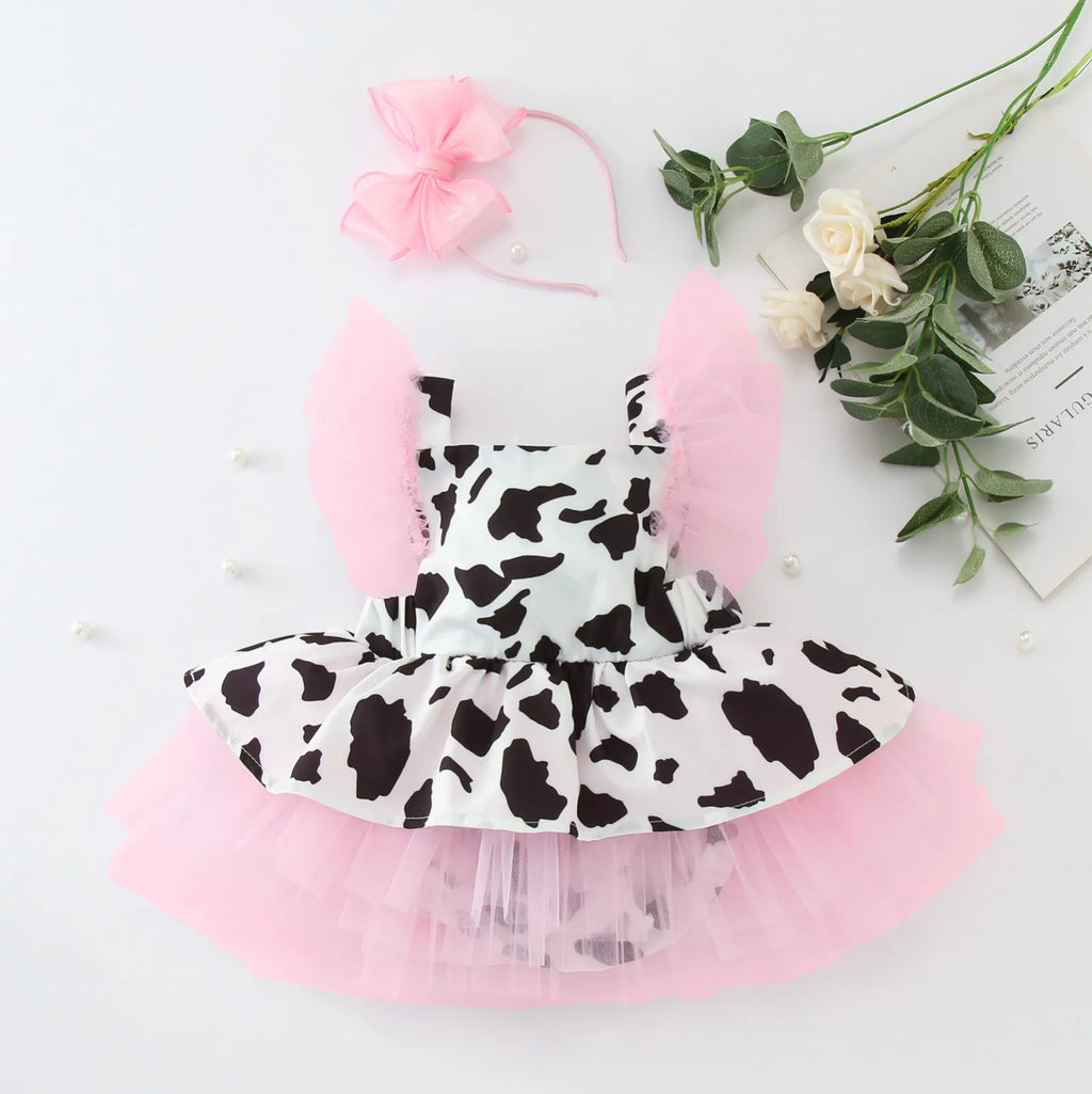 Toddler Baby Girls Romper Dress Infant Fashion Cute Cow Printed Tulle Clothes Newborn Sleeveless 3 6 Month Jumpsuit For Summer