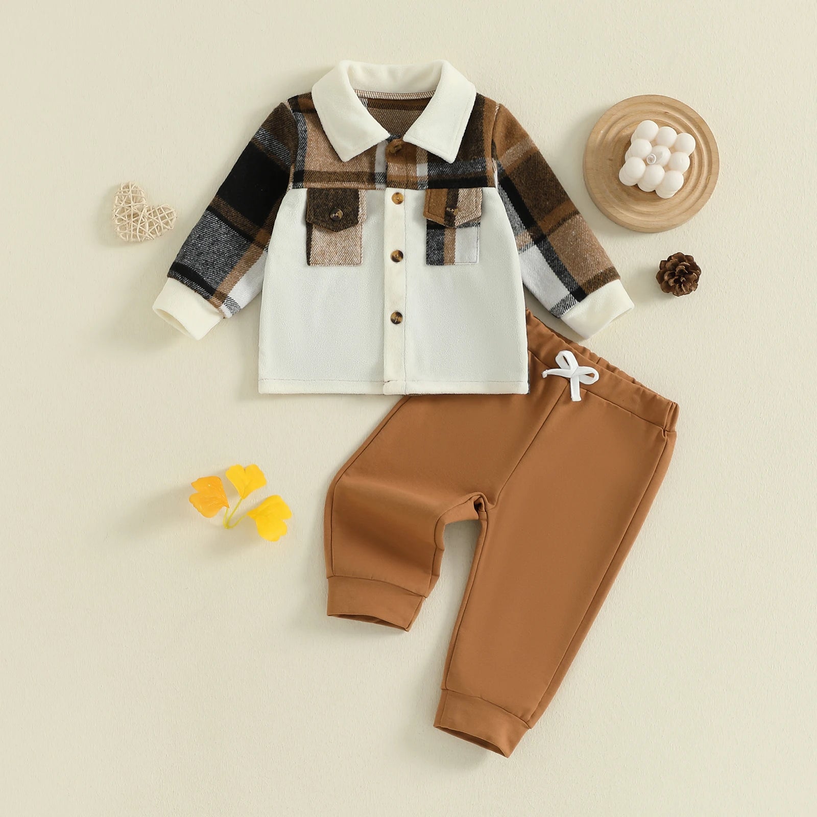 Lioraitiin Toddler Baby Boy Fall Outfit Plaid Button up Long Sleeve Shirt and Elastic Pants 2 Piece Clothes