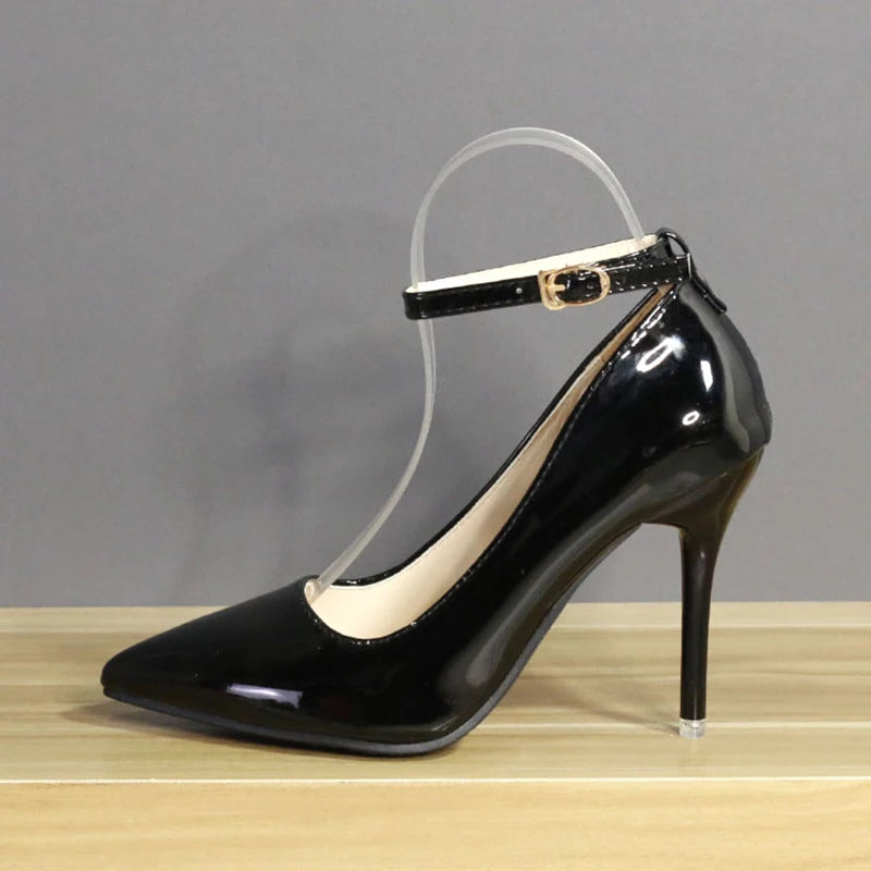 One Word Buckle High Heels 2025 Spring New Patent Leather Stiletto Heel Work Pumps Large Pointed Shallow Mouth Women's Shoes