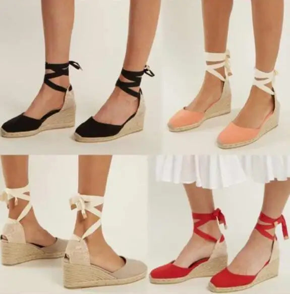 Comemore 2025 Fashion Women's Shoes Flat Heel Rope Womens Flats Lace-Up Espadrilles Summer Espadrille Sandals Female Strap Shoe