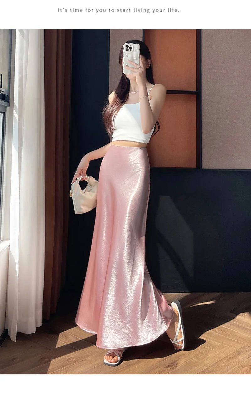 Zoki Chic Satin Elegant Long Skirt Women Casual Fashion High Waist Sweet Trumpet Skirts Slim Summer Female Korean Long Skirts