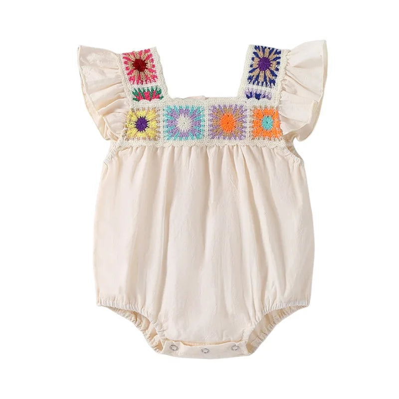2025-02-07 Lioraitiin Newborn Baby Girl Summer Romper Fly Sleeve Square Neck Crochet Flower Bodysuit Playsuit
