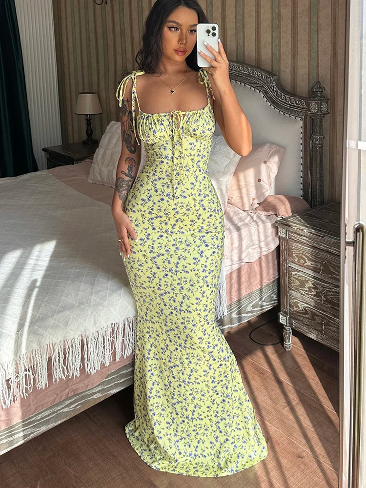 Dulzura Women Floral Print  Sleeveless Bodycon Maxi Dress Outfits Birthday Party Club Clothes