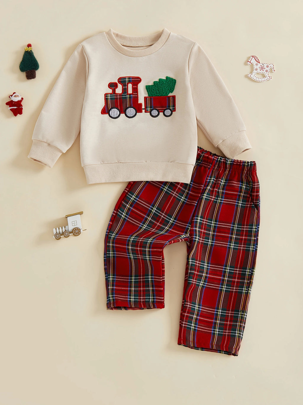 Lioraitiin Toddler Baby Boy Christmas Outfits Long Sleeve Train Embroidery Sweatshirt + Plaid Pants Set Winter Clothes