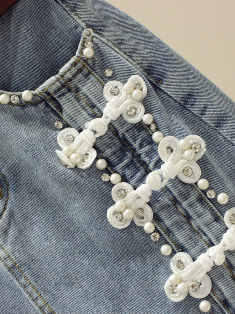 OCEANLOVE Chinese Style Button Denim Skirts for Women Spring Autumn Elegant Vintage Faldas Mujer Fashion Solid  Skirt