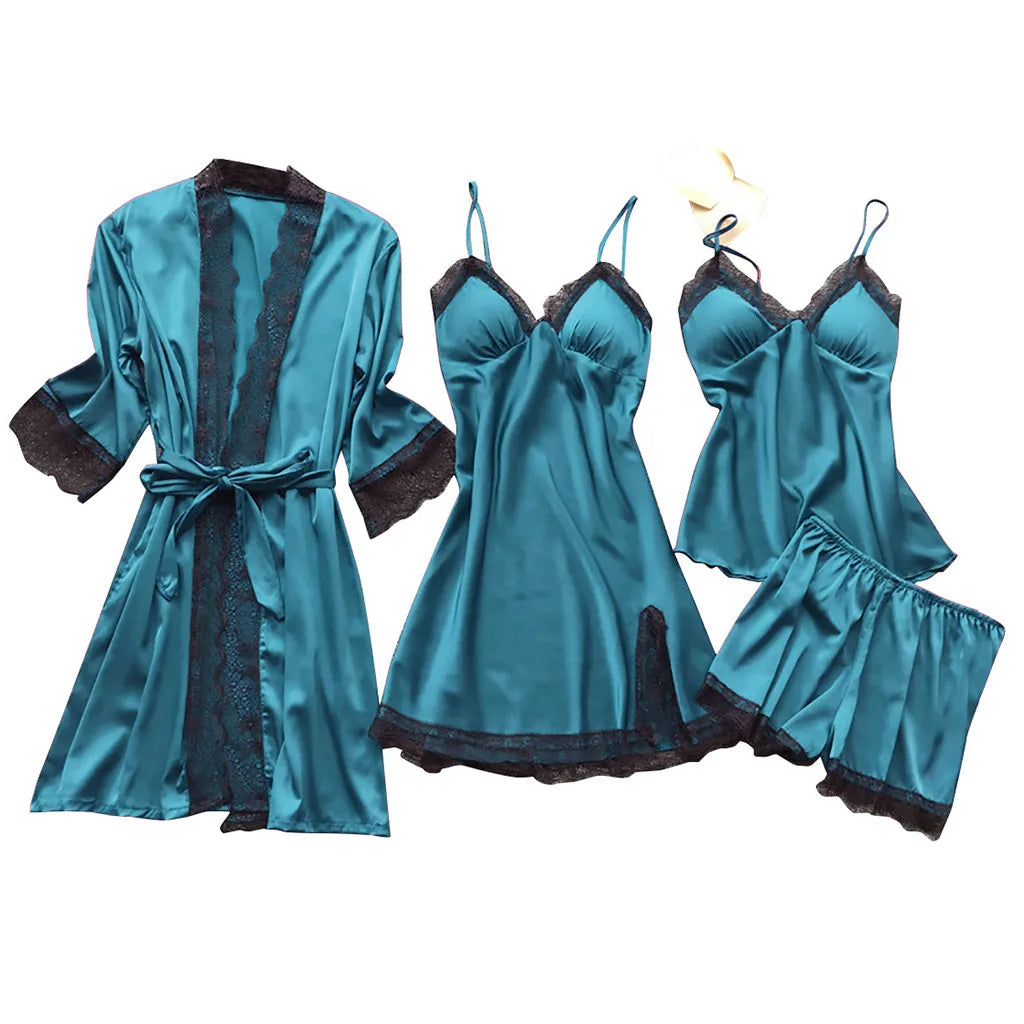 Large Size 4 Piece Women Pajama Sets Sexy Lace Embroidery Robe With Nightdress Outfits Loungewear Satin Silky Pyjama Sets